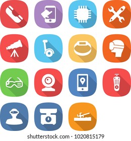 flat vector icon set - phone vector, touch, chip, pencil wrench, telescope, gyroscooter, smart bracelet, virtual mask, glasses, web cam, mobile location, remote control, vr helmet, kitchen scales