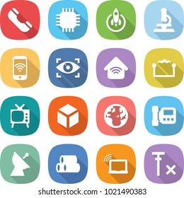 flat vector icon set - phone vector, chip, rocket, microscope, wireless, eye identity, home, electrostatic, tv, 3d, globe, intercome, satellite antenna, pipes, laptop wifi, no signal