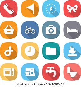 flat vector icon set - phone vector, flag, lightning, bow, remove from basket, bike, doctor case, hospital bed, trip, clock, documents, flammable, grill oven, coffee maker, water tap, toilet