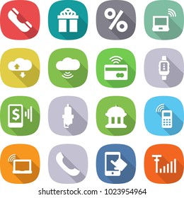 flat vector icon set - phone vector, gift, percent, notebook wireless, cloud service, tap to pay, smart watch, mobile, spark plug, goverment house, laptop wifi, touchscreen, antenna signal