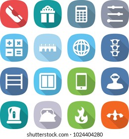 flat vector icon set - phone vector, gift, calculator, equalizer, bridge, globe, traffic light, rack, power switch, vr helmet, kettle, fire, hard reach place cleaning