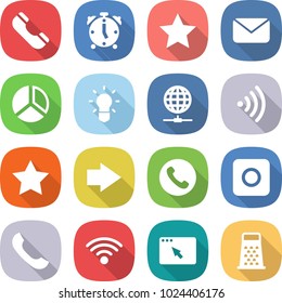 flat vector icon set - phone vector, alarm clock, star, mail, diagram, bulb, globe connect, wireless, right arrow, ring button, browser window, grater