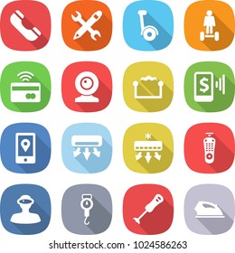 flat vector icon set - phone vector, pencil wrench, gyroscooter, hoverboard, tap to pay, web cam, electrostatic, mobile, location, air conditioning, remote control, vr helmet, handle scales, blender