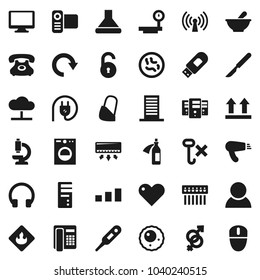 Flat vector icon set - phone vector, top sign, no hook, sorting, flammable, big scales, video camera, headphones, monitor, heart, thermometer, gender, scalpel, mortar, microscope, microbs, potion