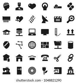 Flat vector icon set - phone 24 vector, truck trailer, consolidated cargo, dry, top sign, tulip, oil barrel, search, satellite antenna, cinema clap, disk, link, heart, pulse, doctor, crutches, pills