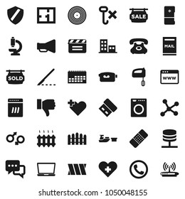 Flat vector icon set - phone vector, calendar, port, no hook, cinema clap, disk, loudspeaker, video camera, dialog, finger down, heart cross, gender sign, scalpel, patch, microscope, bandage, server