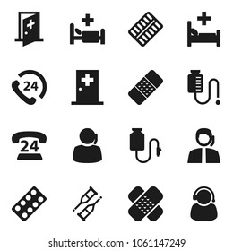 Flat vector icon set - phone 24 vector, support, crutches, patch, pills blister, hospital bed, drop counter, medical room