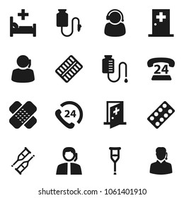 Flat vector icon set - phone 24 vector, support, crutches, patch, pills blister, hospital bed, drop counter, medical room