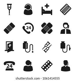 Flat vector icon set - phone 24 vector, support, crutches, patch, pills blister, hospital bed, drop counter, medical room
