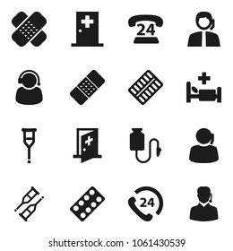 Flat vector icon set - phone 24 vector, support, crutches, patch, pills blister, hospital bed, drop counter, medical room