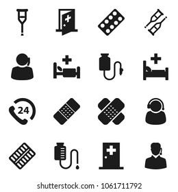 Flat vector icon set - phone 24 vector, support, crutches, patch, pills blister, hospital bed, drop counter, medical room