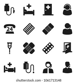 Flat vector icon set - phone 24 vector, support, crutches, patch, pills blister, hospital bed, drop counter, medical room