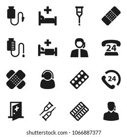 Flat vector icon set - phone 24 vector, support, crutches, patch, pills blister, hospital bed, drop counter, medical room