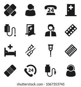 Flat vector icon set - phone 24 vector, support, crutches, patch, pills blister, hospital bed, drop counter, medical room