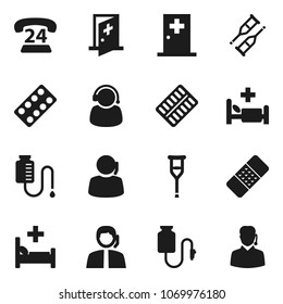 Flat vector icon set - phone 24 vector, support, crutches, patch, pills blister, hospital bed, drop counter, medical room