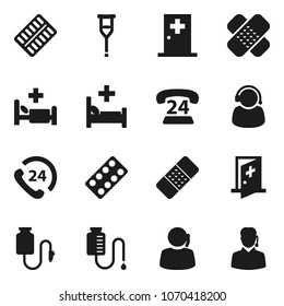 Flat vector icon set - phone 24 vector, support, crutches, patch, pills blister, hospital bed, drop counter, medical room