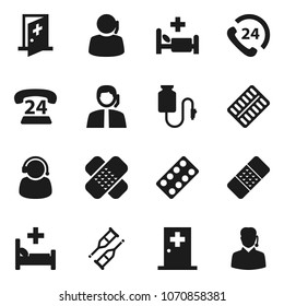 Flat vector icon set - phone 24 vector, support, crutches, patch, pills blister, hospital bed, drop counter, medical room