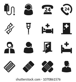 Flat vector icon set - phone 24 vector, support, crutches, patch, pills blister, hospital bed, drop counter, medical room