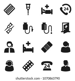 Flat vector icon set - phone 24 vector, support, crutches, patch, pills blister, hospital bed, drop counter, medical room