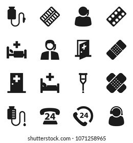 Flat vector icon set - phone 24 vector, support, crutches, patch, pills blister, hospital bed, drop counter, medical room