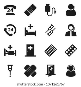 Flat vector icon set - phone 24 vector, support, crutches, patch, pills blister, hospital bed, drop counter, medical room