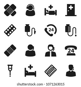 Flat vector icon set - phone 24 vector, support, crutches, patch, pills blister, hospital bed, drop counter, medical room