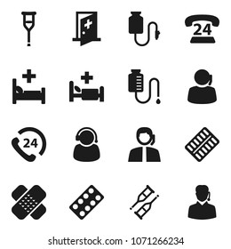 Flat vector icon set - phone 24 vector, support, crutches, patch, pills blister, hospital bed, drop counter, medical room