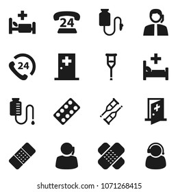 Flat vector icon set - phone 24 vector, support, crutches, patch, pills blister, hospital bed, drop counter, medical room
