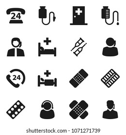 Flat vector icon set - phone 24 vector, support, crutches, patch, pills blister, hospital bed, drop counter, medical room
