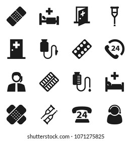 Flat vector icon set - phone 24 vector, support, crutches, patch, pills blister, hospital bed, drop counter, medical room