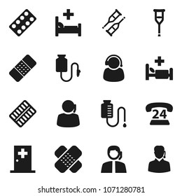 Flat vector icon set - phone 24 vector, support, crutches, patch, pills blister, hospital bed, drop counter, medical room