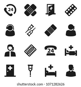 Flat vector icon set - phone 24 vector, support, crutches, patch, pills blister, hospital bed, medical room