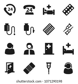 Flat vector icon set - phone 24 vector, support, crutches, patch, pills blister, hospital bed, drop counter, medical room