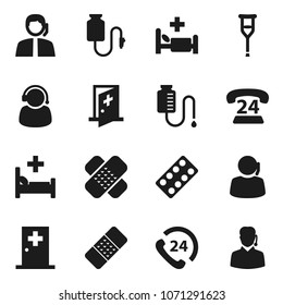 Flat vector icon set - phone 24 vector, support, crutches, patch, pills blister, hospital bed, drop counter, medical room