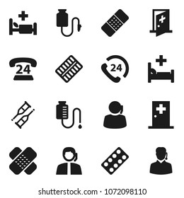 Flat vector icon set - phone 24 vector, support, crutches, patch, pills blister, hospital bed, drop counter, medical room