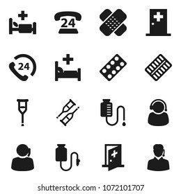 Flat vector icon set - phone 24 vector, support, crutches, patch, pills blister, hospital bed, drop counter, medical room