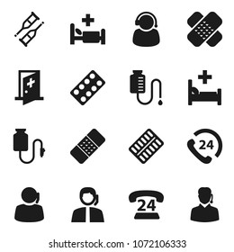 Flat vector icon set - phone 24 vector, support, crutches, patch, pills blister, hospital bed, drop counter, medical room