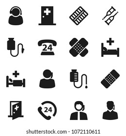 Flat vector icon set - phone 24 vector, support, crutches, patch, pills blister, hospital bed, drop counter, medical room