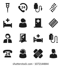 Flat vector icon set - phone 24 vector, support, crutches, patch, pills blister, hospital bed, drop counter, medical room