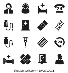 Flat vector icon set - phone 24 vector, support, crutches, patch, pills blister, hospital bed, drop counter, medical room