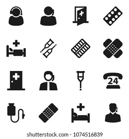 Flat vector icon set - phone 24 vector, support, crutches, patch, pills blister, hospital bed, drop counter, medical room