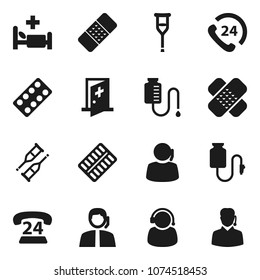 Flat vector icon set - phone 24 vector, support, crutches, patch, pills blister, hospital bed, drop counter, medical room