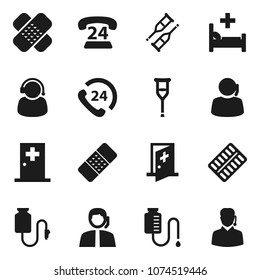 Flat vector icon set - phone 24 vector, support, crutches, patch, pills blister, hospital bed, drop counter, medical room