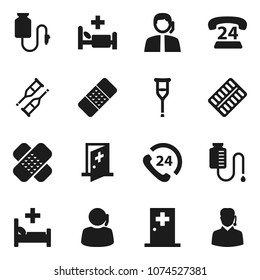 Flat vector icon set - phone 24 vector, support, crutches, patch, pills blister, hospital bed, drop counter, medical room
