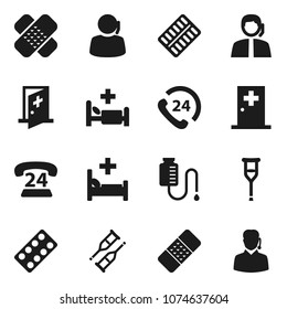 Flat vector icon set - phone 24 vector, support, crutches, patch, pills blister, hospital bed, drop counter, medical room