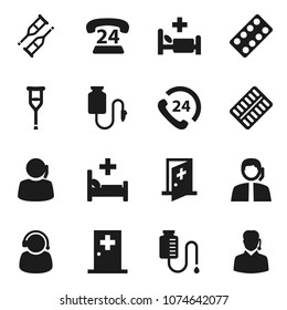 Flat vector icon set - phone 24 vector, support, crutches, pills blister, hospital bed, drop counter, medical room
