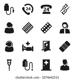 Flat vector icon set - phone 24 vector, support, crutches, patch, pills blister, hospital bed, drop counter, medical room