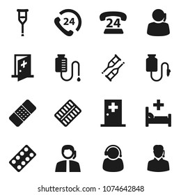 Flat vector icon set - phone 24 vector, support, crutches, patch, pills blister, hospital bed, drop counter, medical room