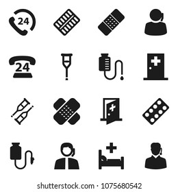 Flat vector icon set - phone 24 vector, support, crutches, patch, pills blister, hospital bed, drop counter, medical room