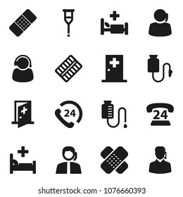 Flat vector icon set - phone 24 vector, support, crutches, patch, pills blister, hospital bed, drop counter, medical room